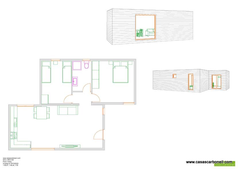Plano de una casa moderna modelo Mallorca con distribución de habitaciones y vistas en perspectiva.