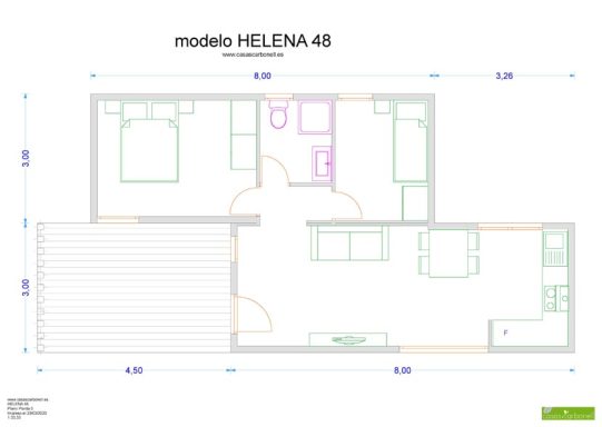 Plano de distribución de la casa prefabricada moderna modelo Helena 48, con habitaciones y dimensiones.