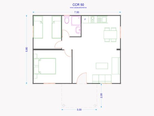 Plano de una casa de una sola planta con varias habitaciones y distribución clara. Plano de casas de madera CCR50