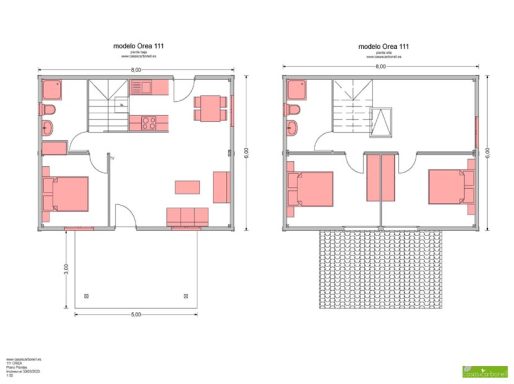 Plano de una casa prefabricada Orea de dos plantas con distribución de habitaciones y áreas comunes.