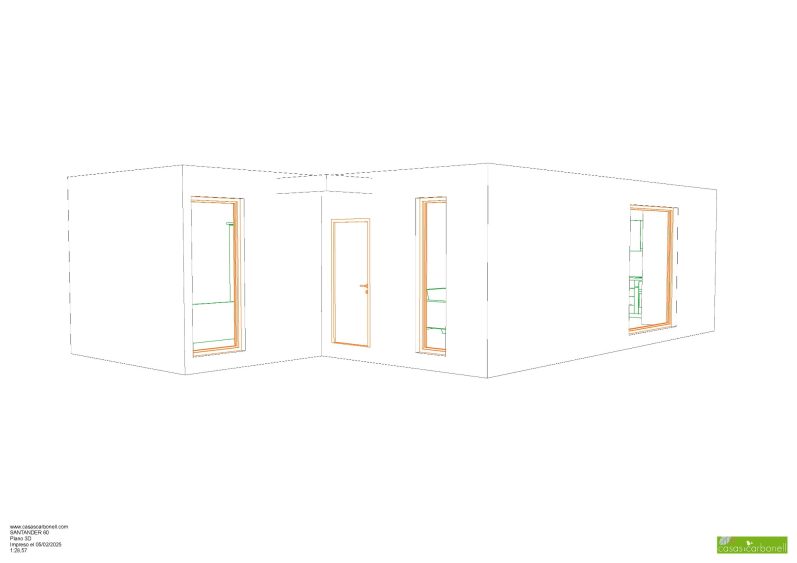 Plano arquitectónico de una Casa moderna con puertas y ventanas delineadas.