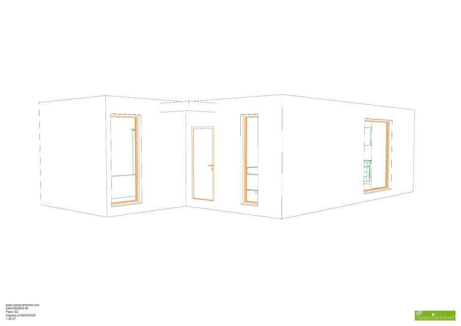 Plano arquitectónico de una casa moderna modular con ventanas y puertas en color naranja.