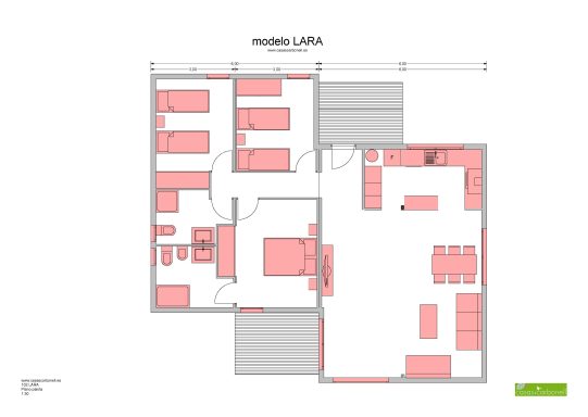 Plano de una casa prefabricada moderna con distribución de habitaciones y mobiliario en rosa.