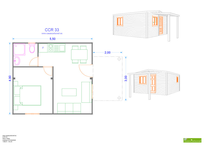 Plano de una pequeña casa con distribución de habitaciones y medidas indicadas.