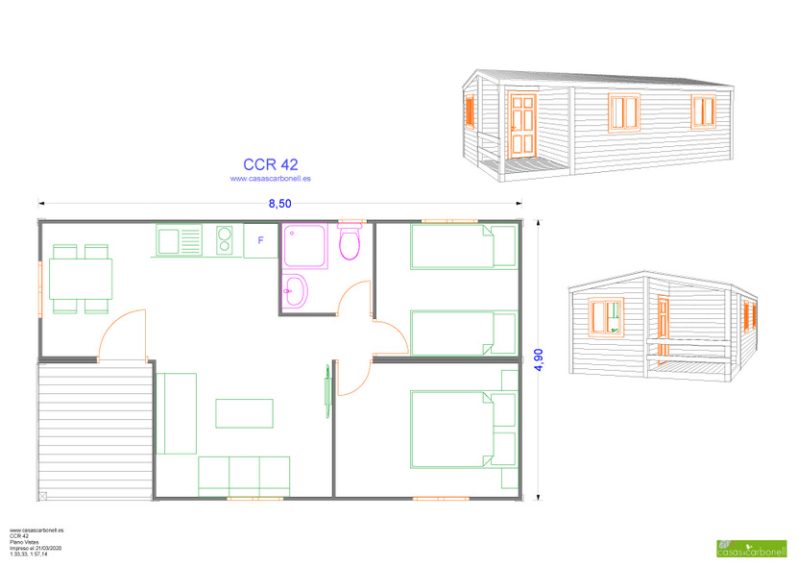 Plano de una casa con tres habitaciones, baño y sala de estar, vistas en tres dimensiones.