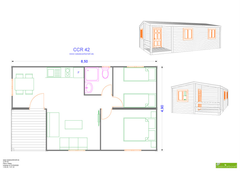 Plano de una casa con distribución de habitaciones y vistas en 3D.