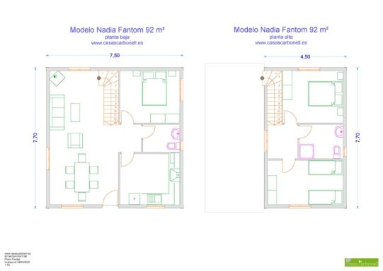 Planos de planta de casa prefabricada Nadia Fantom, de dos habitaciones con distribución de muebles y espacios.