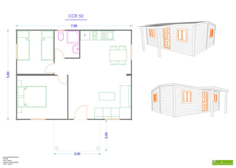 Plano arquitectónico de una casa de madera con vistas frontal y lateral.
