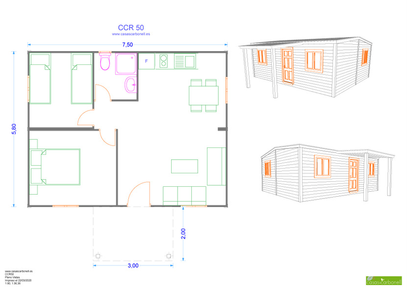 Plano de casa de madera con vistas laterales y distribución de habitaciones.