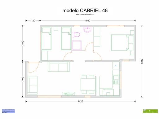 Plano de distribución de una casa prefabricada moderna con habitaciones y espacios comunes.