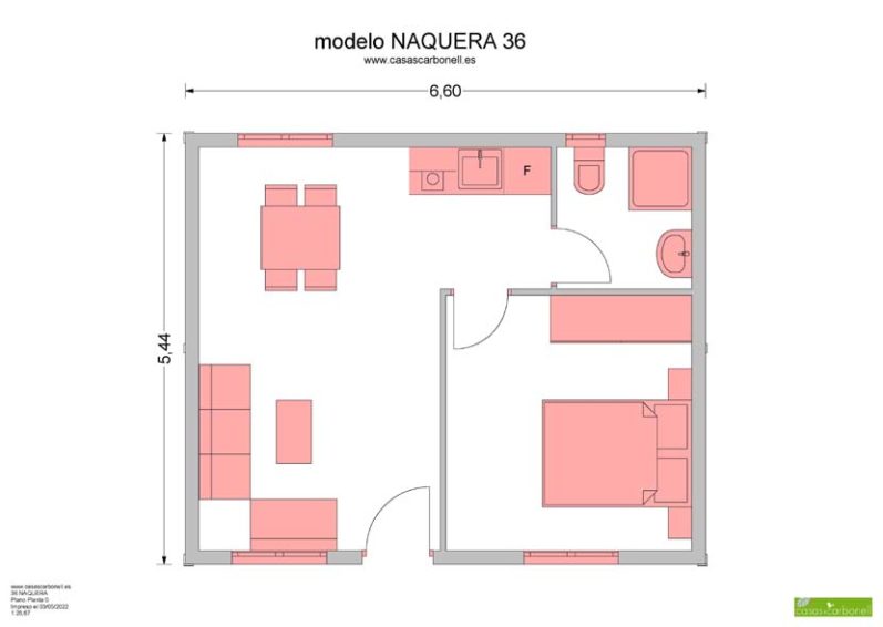 Planta de casa prefabricada Náquera, de un apartamento con distribución de espacios y mobiliario en color rosa.