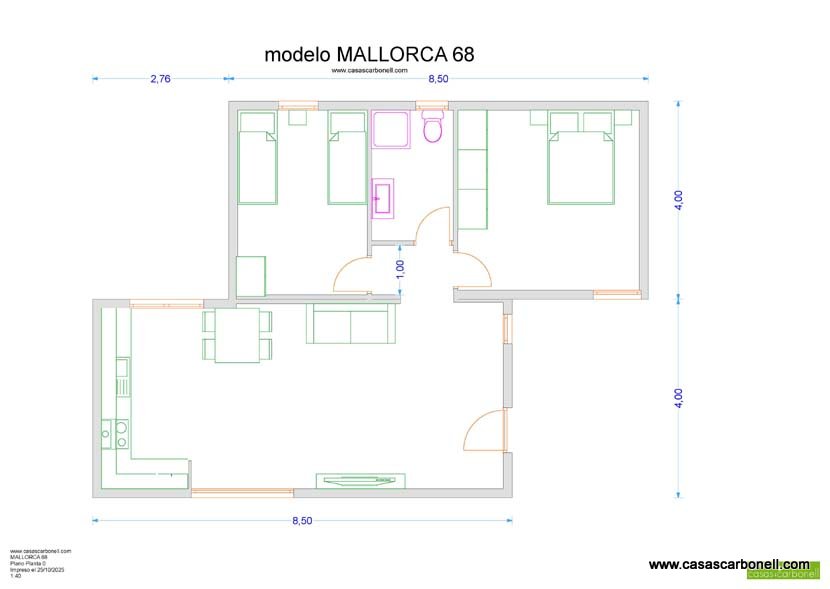 Plano de vivienda modelo Mallorca con distribución de habitaciones y medidas.