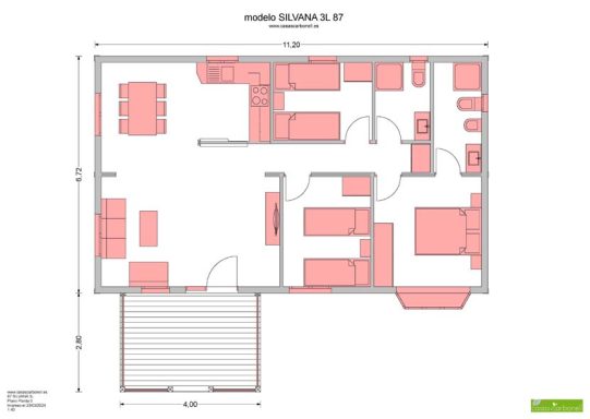 Plano de distribución de una casa prefabricada con espacios señalados.