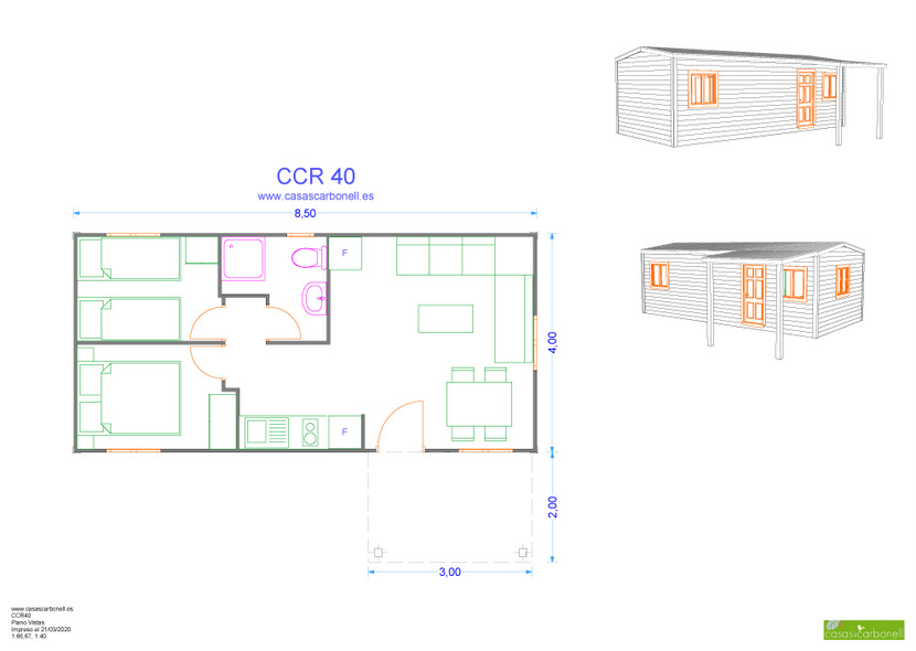 Plano y vistas de un contenedor modular con distribución interior y exteriores.