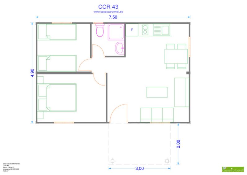 Plano de una casa de madera con dos habitaciones, baño, cocina y sala de estar.