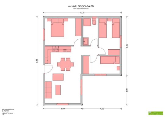 Plano de una casa prefabricada con espacios y distribución en color rojo.