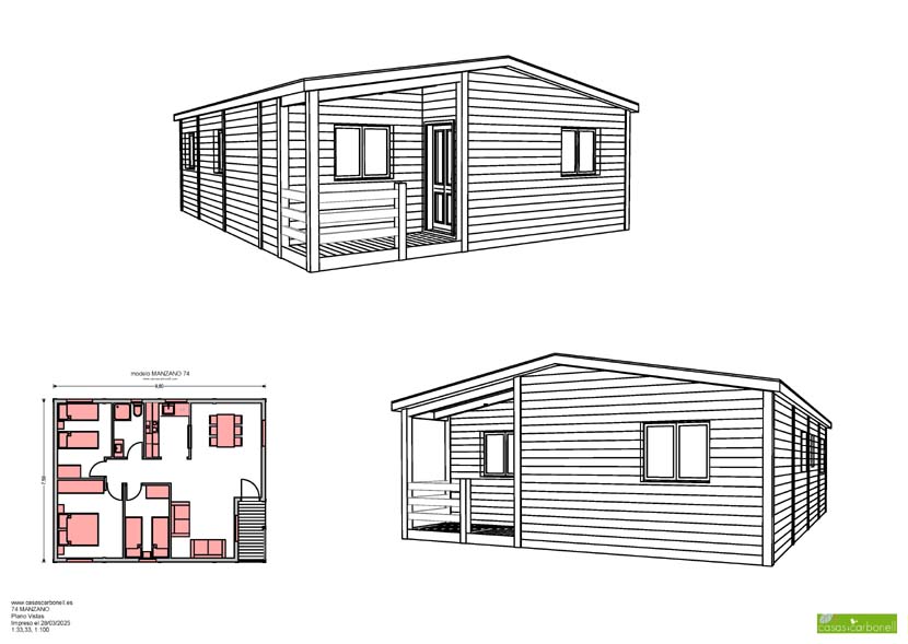Diseño arquitectónico de una casa prefabricada con planos y vista en 3D.