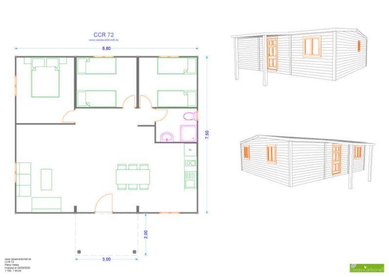 Plano de una casa con distribución de habitaciones y vistas laterales.