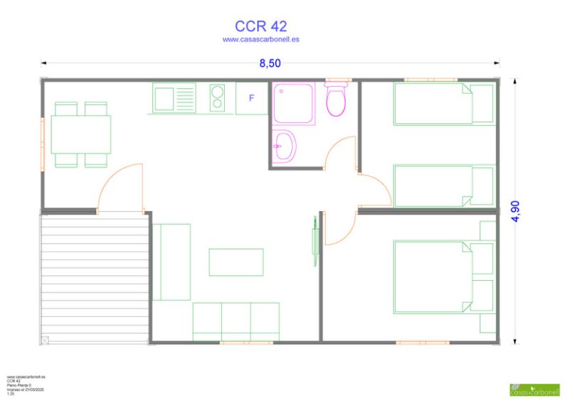 Plano de distribución de una vivienda con sala, cocina, baño y dos habitaciones.