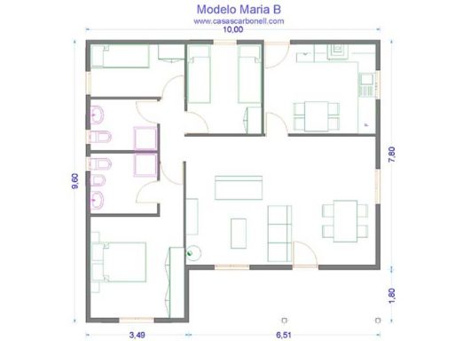 Plano de una casa prefabricada Maria B con dos dormitorios, baño, cocina y sala de estar.