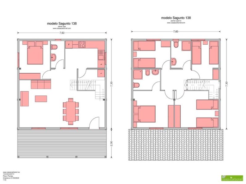 Planos de planta de dos niveles de una casa prefabricada Sagunto, vivienda con distribución de habitaciones y mobiliario.