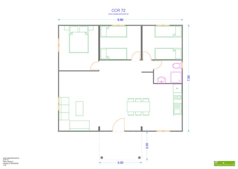 Plano de planta de una casa con varias habitaciones y cocina.