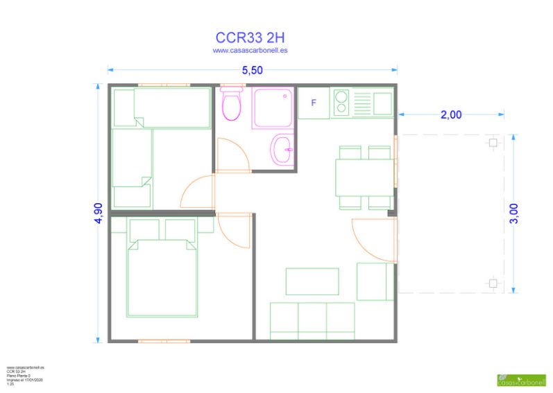 Plano de una casa de una planta con tres habitaciones y áreas de estar.