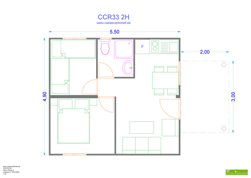 Plano arquitectónico de una vivienda con varias estancias y dimensiones indicadas.