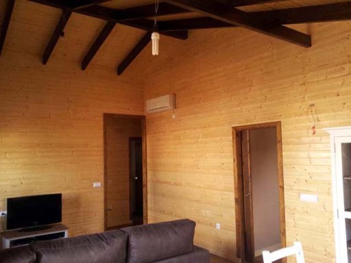 Interior de una sala con paredes de madera, sofá, TV y techos altos con vigas.