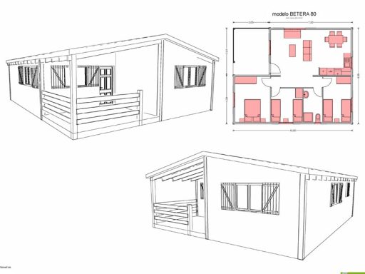 Casa prefabricada Manzano con diseño en planta, tres habitaciones y un porche frontal.