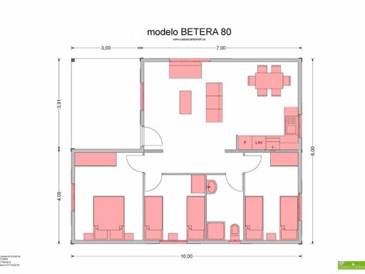 Plano de casa prefabricada Manzano, una casa con distribución de habitaciones y muebles en color rojo.