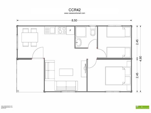 Plano de casas de madera CCR42 que muestra distribución de habitaciones y espacio común.