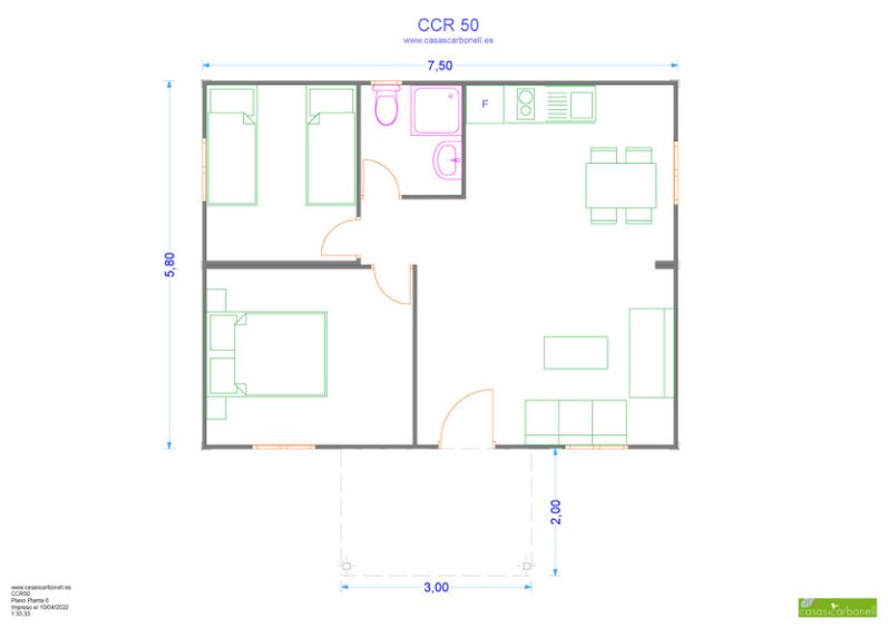 Plano de una casa de madera de dos habitaciones, sala, cocina y baño. Diseño sencillo y funcional.