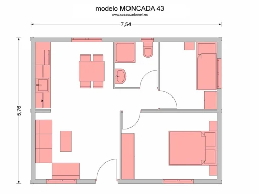 Plano de una casa prefabricada Moncada 43 con dos habitaciones, sala y cocina.