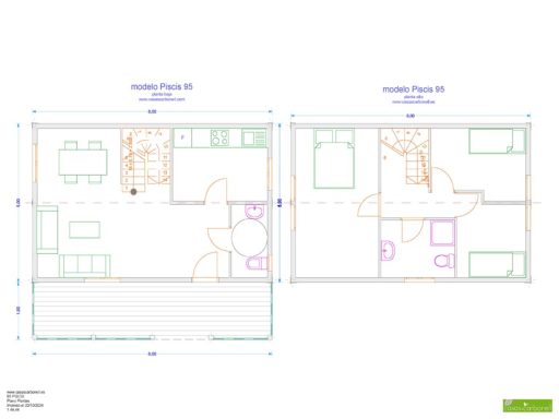 Plano de una casa prefabricada con distribuciones de salas y espacios.