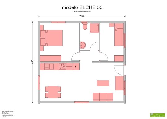 Plano de Casa prefabricada ELCHE 50, con distribución de espacios en color rojo.