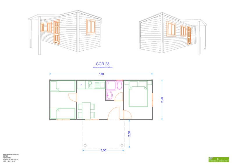 Plano arquitectónico de un edificio con vistas y distribución de espacios.