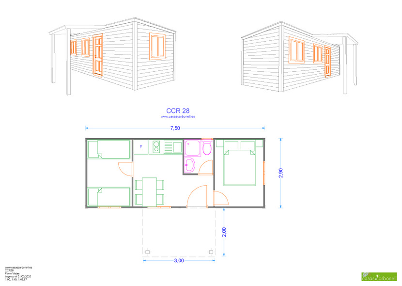 Plano arquitectónico de un edificio con vistas frontal y lateral. Distribución interna marcada.