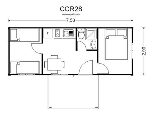 Plano de distribución de casas de madera CCR28, una vivienda con cocina, baño y tres habitaciones.