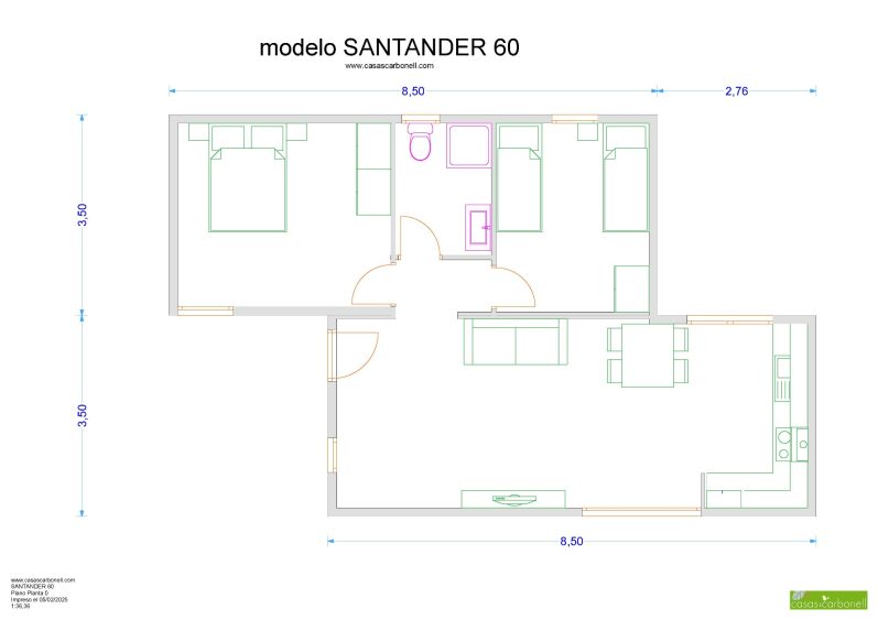 Plano de una vivienda modelo Santander 60, con distribución de habitaciones y medidas.