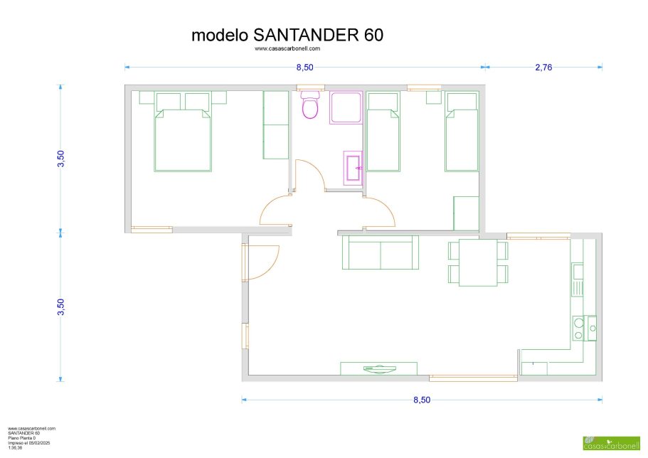 Plano de diseño del modelo Santander 60 con distribución de espacios.