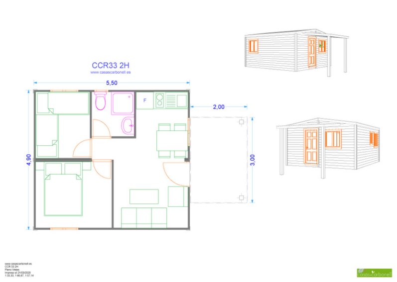Plano de distribución de una casa con medidas y vistas en tres dimensiones.