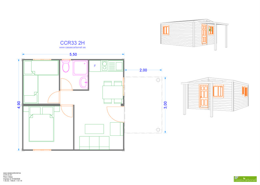 Plano arquitectónico con distribución de habitaciones y vistas del diseño exterior.