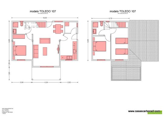 Plano arquitectónico de una casa prefabricada Toledo con distribución de habitaciones y áreas exteriores.