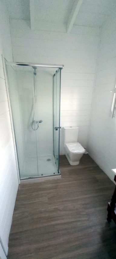 Baño moderno con ducha de vidrio y WC, suelo de madera clara.