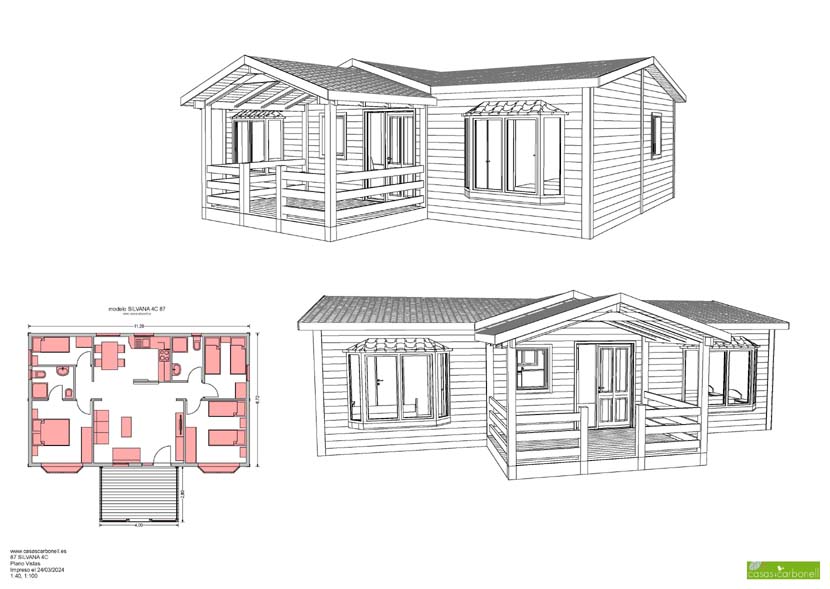 Plano de una casa prefabricada con vistas y distribución interior detallada.