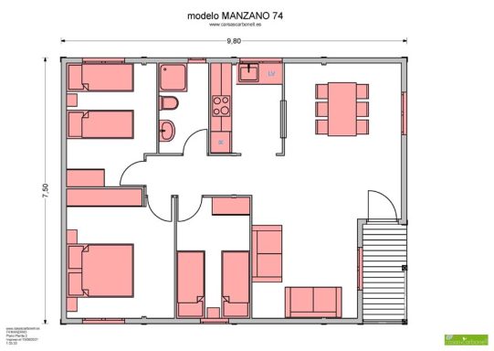 Plano de casa prefabricada MAnzano,  vivienda con distribución de habitaciones y mobiliario.