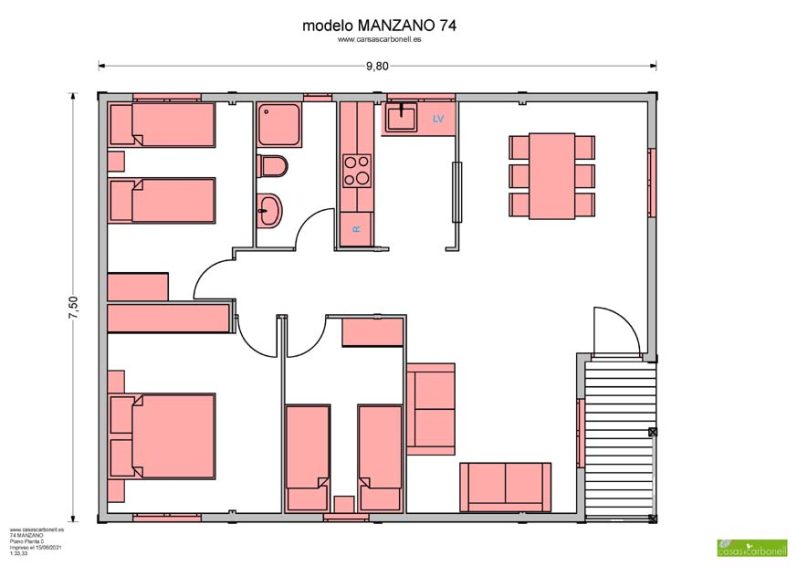 Plano de casa prefabricada MAnzano, vivienda con distribución de habitaciones y mobiliario.