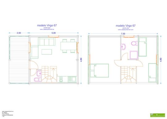 Plano arquitectónico de una casa prefabricada Virgo con planta baja y planta alta.