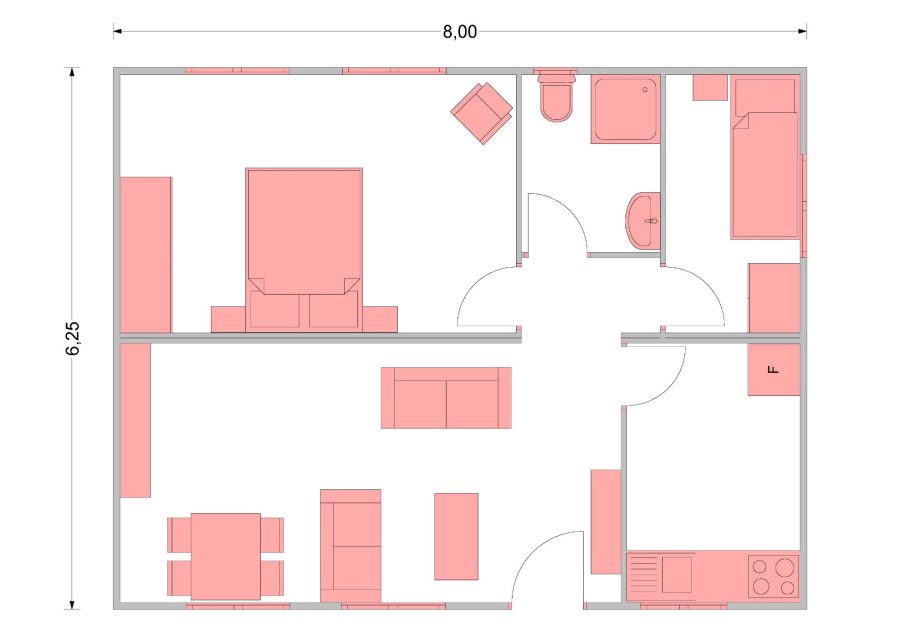 Plano de una casa prefabricada con espacios delimitados en color rosa.